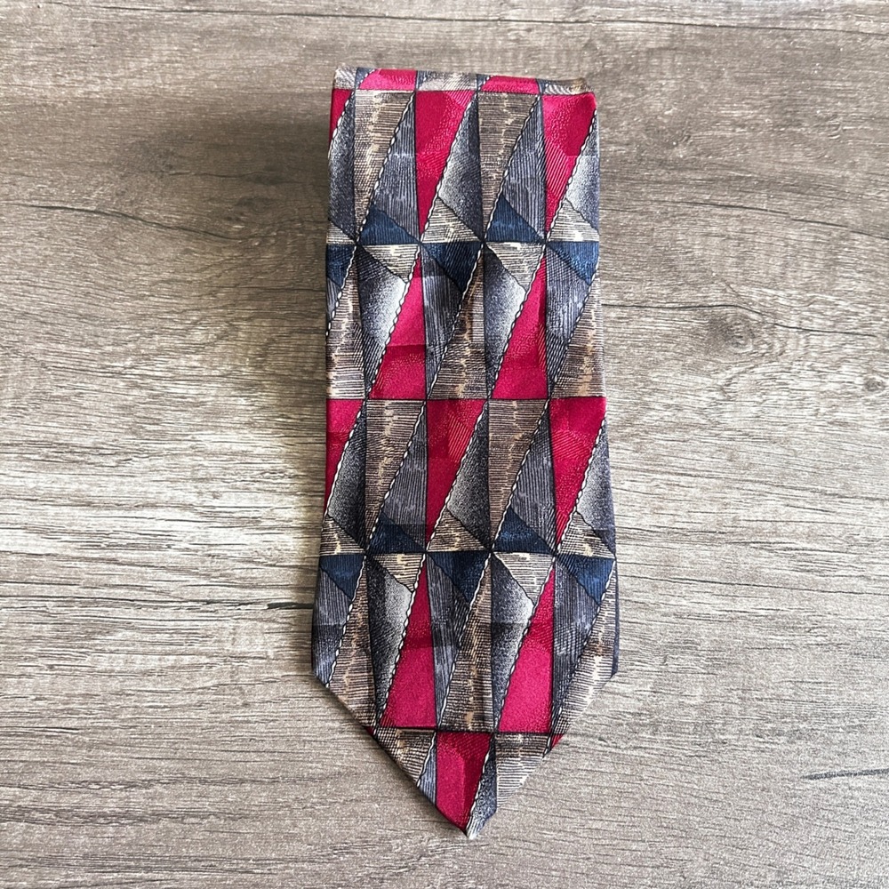 Vintage Retro Design Studios Mens Silk Tie Red‎ Gray Geometric Abstract Wide 90s
